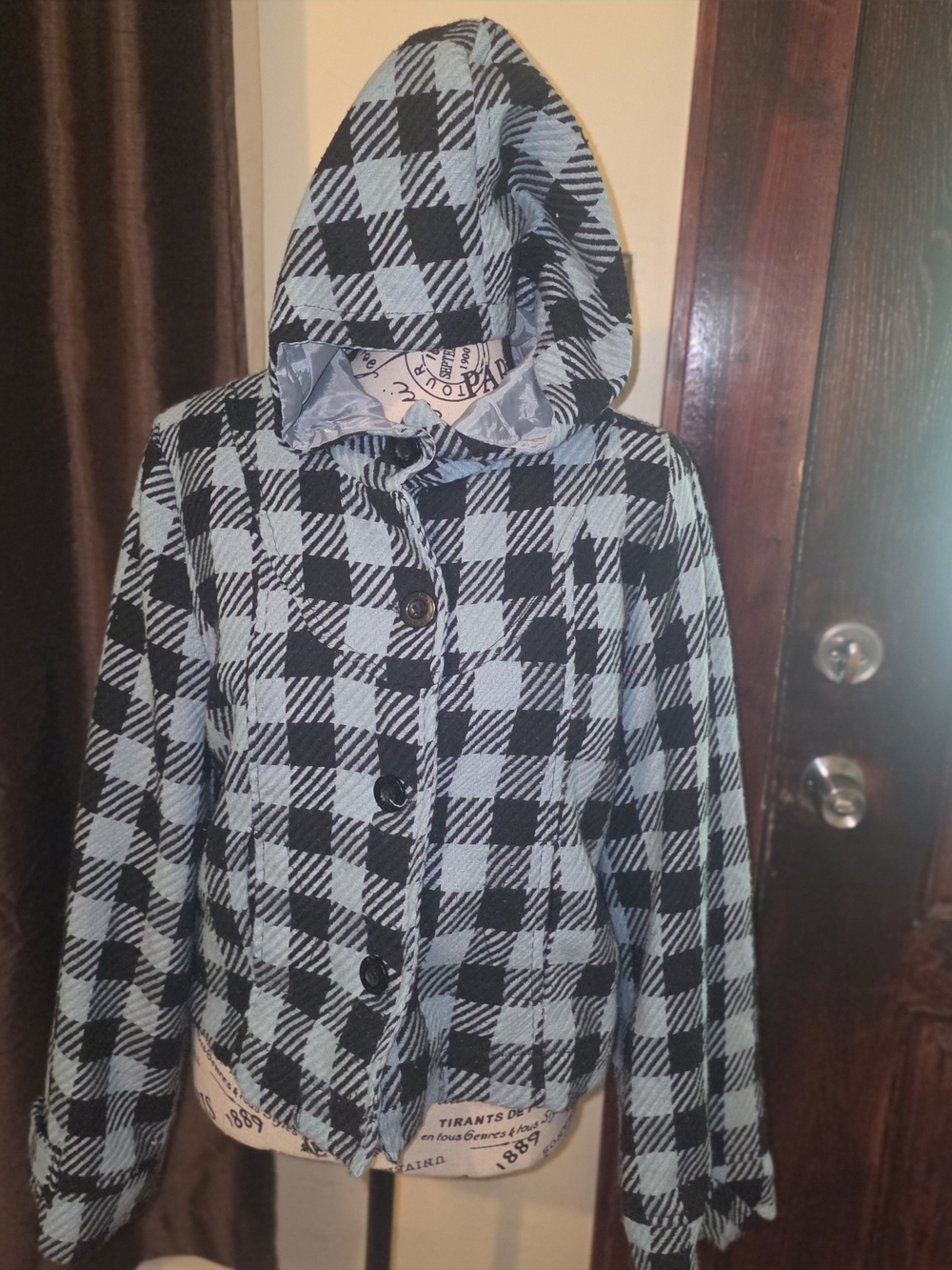 Beverly Hills Polo Club Blue and Black Plaid Hooded Peacoat Large